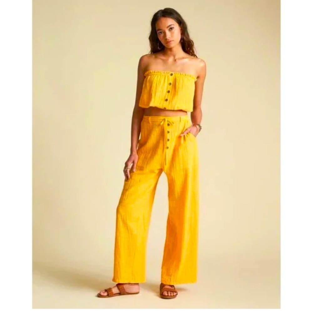 NWT Billabong Set Spring Rays Crop Top Bring it On Pants Marigold Yellow Gauzy M